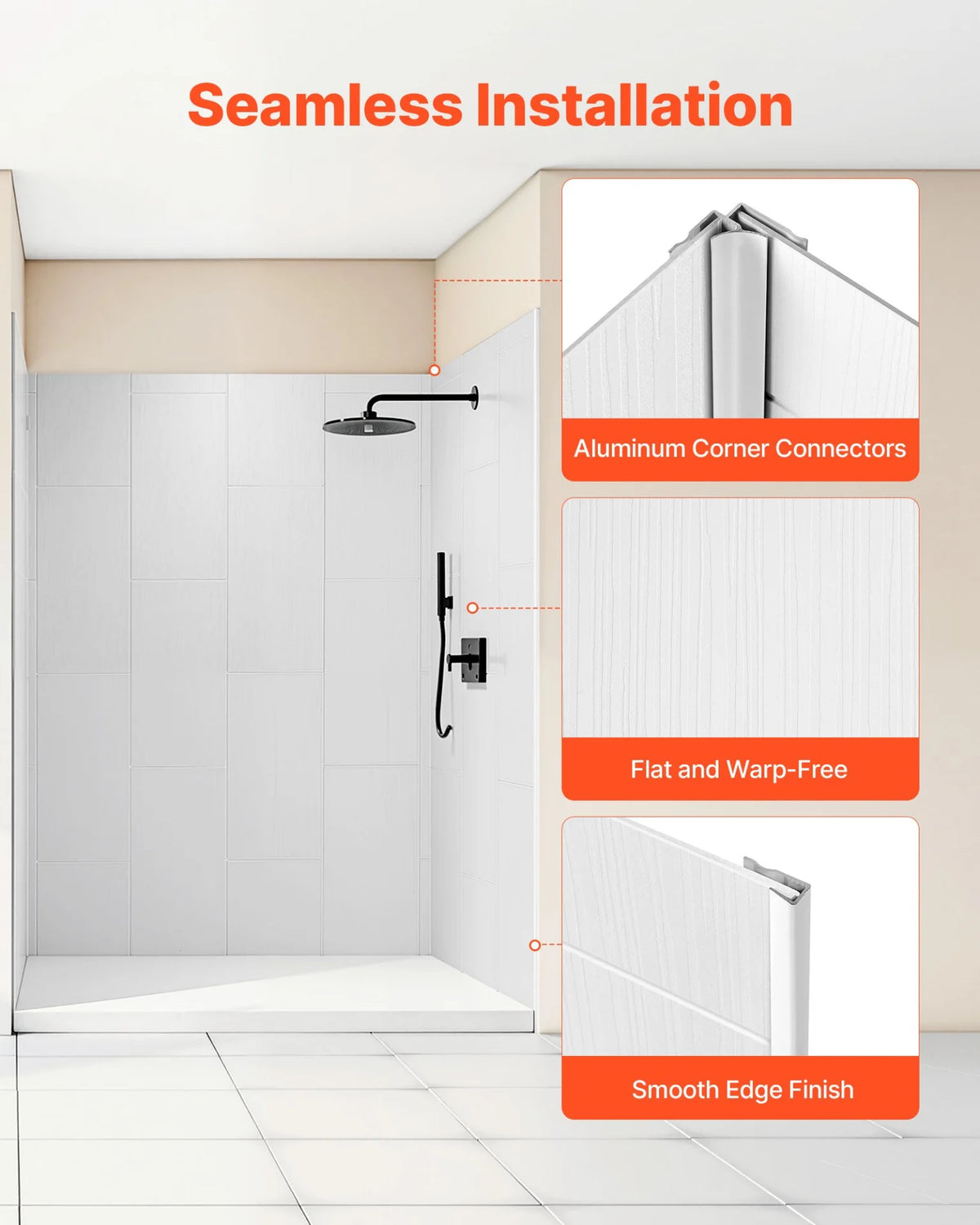 VEVOR Shower Wall Panels, 60" W x 36" D x 75" H, 0.14" (3.5 mm) Thick, 3-Panel Waterproof SMC Shower Surround Kit, Quick Install and Trimmable Bathroom Tub Wall Panel Surround Kit with 4 Glass Shelves - View 4