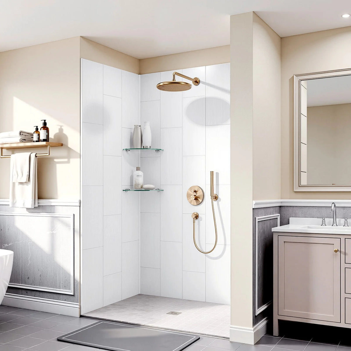 VEVOR Shower Wall Panels, 60" W x 36" D x 75" H, 0.14" (3.5 mm) Thick, 3-Panel Waterproof SMC Shower Surround Kit, Quick Install and Trimmable Bathroom Tub Wall Panel Surround Kit with 4 Glass Shelves - View 7