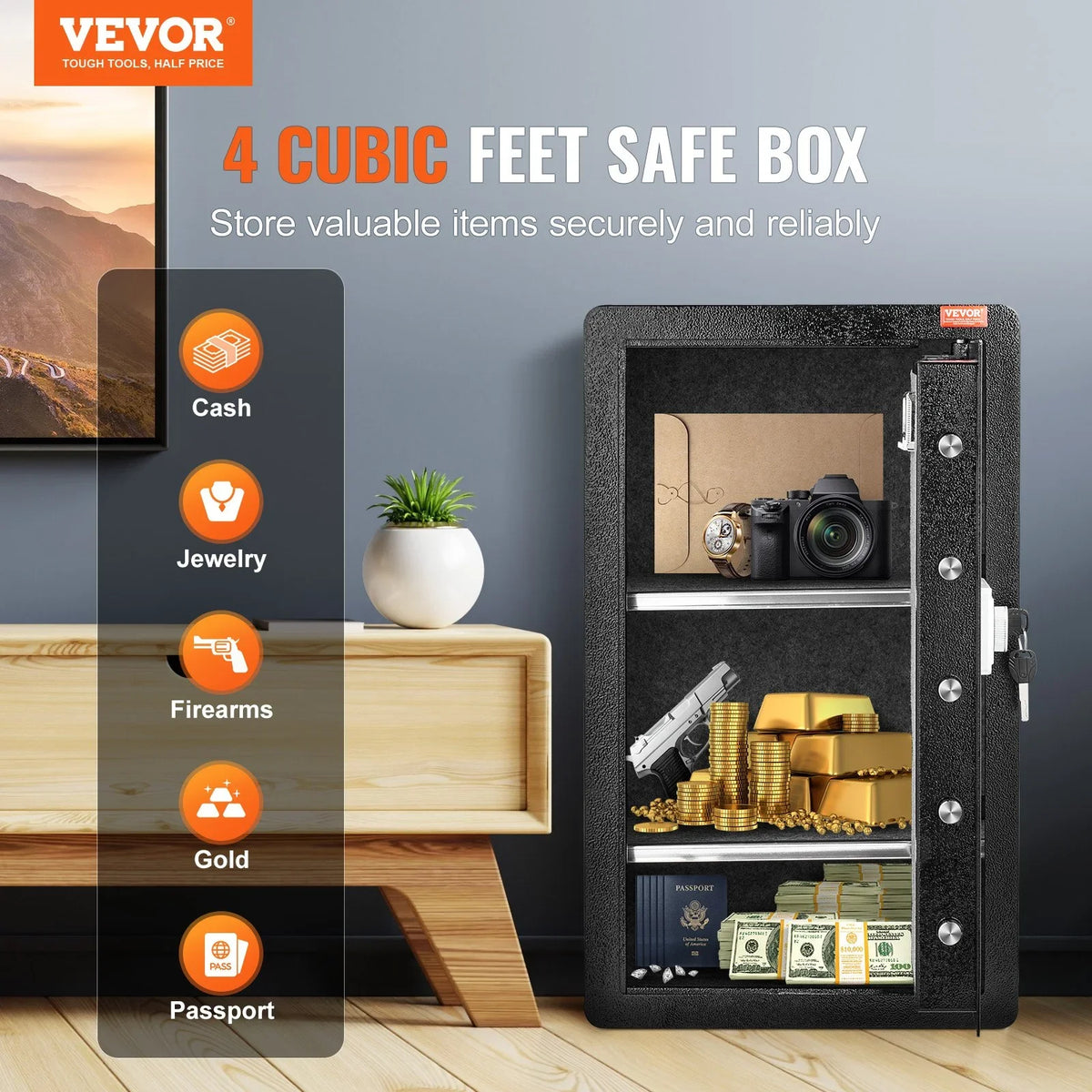 VEVOR Single Door 4.0 cu.ft Safe Box with Key Lock, Password & Fingerprint, Safe Lock Box with Fireproof Bag, Key Rack, LED Light, and 2 Shelves for Money, Documents, Jewelry, and Valuables, Black - View 2
