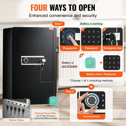 VEVOR Single Door 4.0 cu.ft Safe Box with Key Lock, Password & Fingerprint, Safe Lock Box with Fireproof Bag, Key Rack, LED Light, and 2 Shelves for Money, Documents, Jewelry, and Valuables, Black - View 3