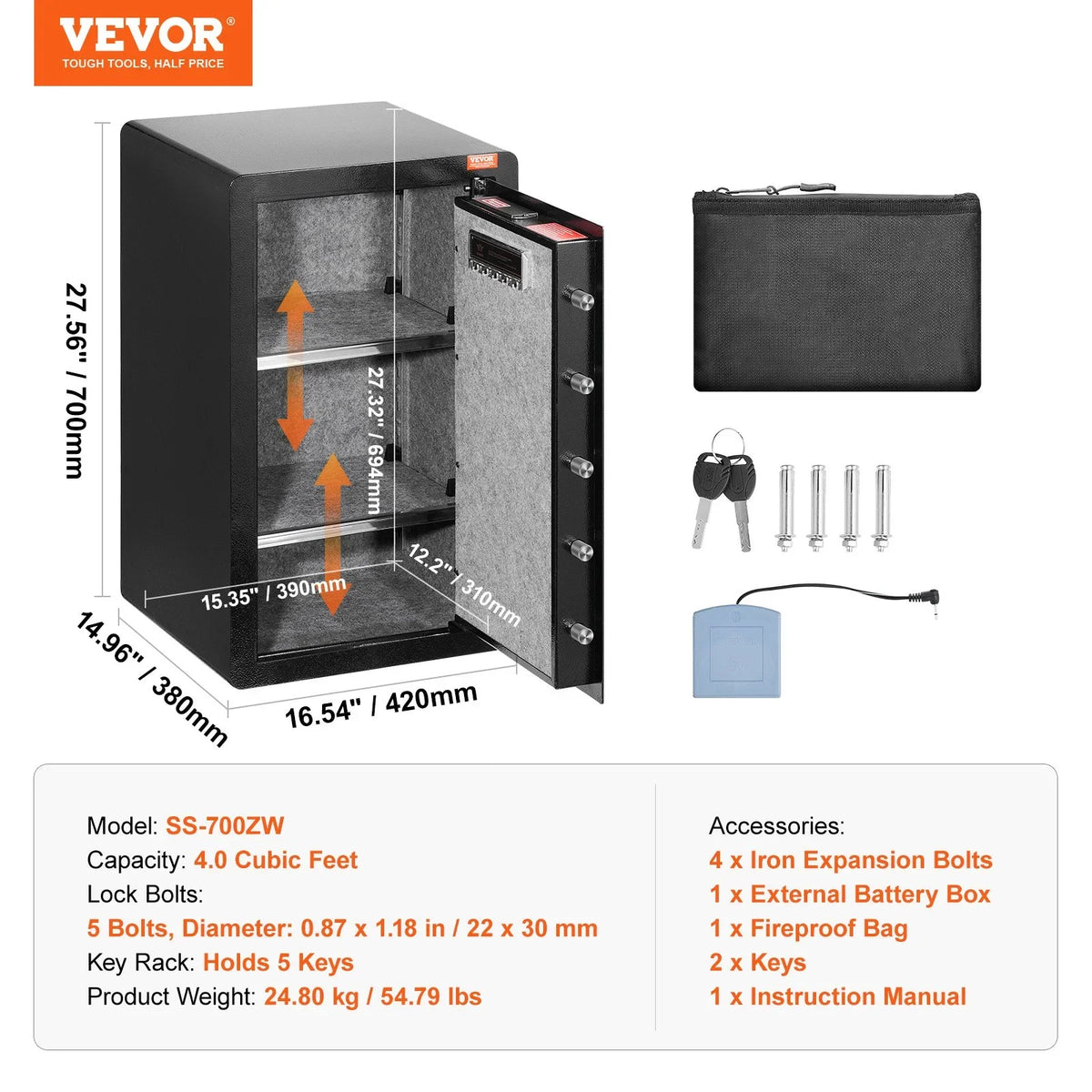 VEVOR Single Door 4.0 cu.ft Safe Box with Key Lock, Password & Fingerprint, Safe Lock Box with Fireproof Bag, Key Rack, LED Light, and 2 Shelves for Money, Documents, Jewelry, and Valuables, Black - View 7
