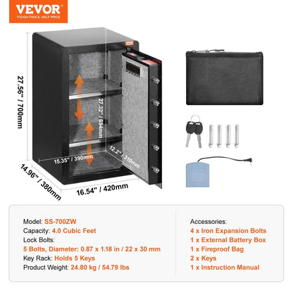VEVOR Single Door 4.0 cu.ft Safe Box with Key Lock, Password & Fingerprint, Safe Lock Box with Fireproof Bag, Key Rack, LED Light, and 2 Shelves for Money, Documents, Jewelry, and Valuables, Black - View 7