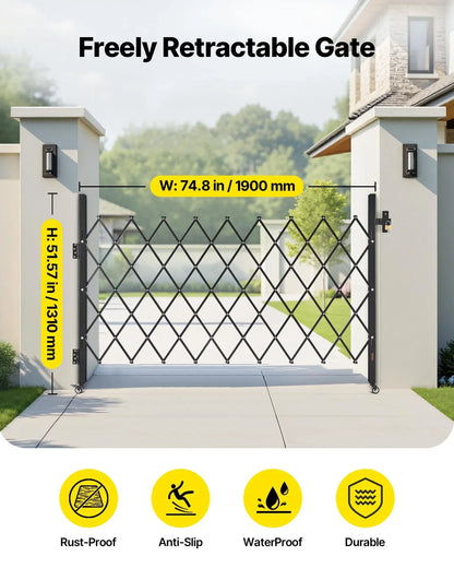 VEVOR Single Folding Security Gate, Lockable Scissor Gate with 360° Swivel Casters, Outdoor Barricade Steel Retractable Gates, for Entry Security, Garage, Warehouse & Pool, 74.80 x 51.57 in (W x H)