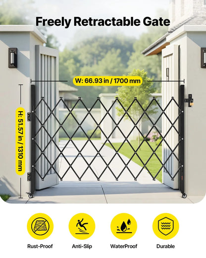 VEVOR Single Folding Security Gate, Lockable Scissor Gate with 360° Swivel Casters, Outdoor Barricade Steel Retractable Gates, for Entry Security, Garage, Warehouse & Pool, 66.93 x 51.57 in (W x H)
