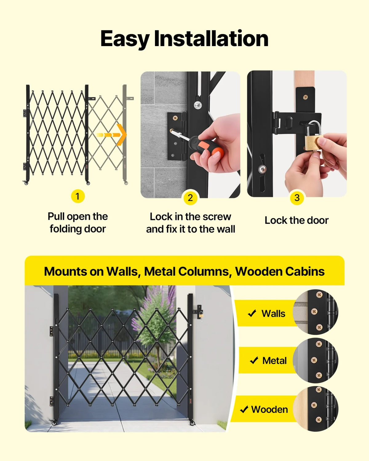 VEVOR Single Folding Security Gate, Lockable Scissor Gate with 360° Swivel Casters, Outdoor Barricade Steel Retractable Gates, for Entry Security, Garage, Warehouse & Pool, 43.31 x 51.57 in (W x H) - View 4