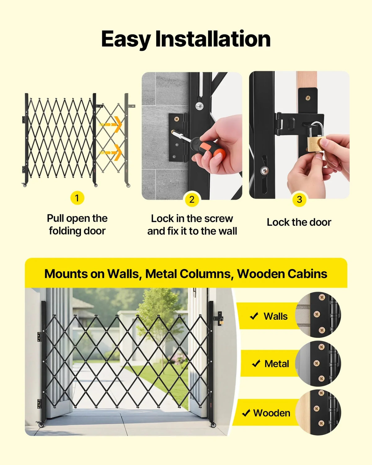 VEVOR Single Folding Security Gate, Lockable Scissor Gate with 360° Swivel Casters, Outdoor Barricade Steel Retractable Gates, for Entry Security, Garage, Warehouse & Pool, 66.93 x 51.57 in (W x H) - View 4