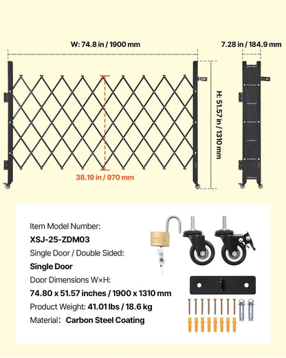VEVOR Single Folding Security Gate, Lockable Scissor Gate with 360° Swivel Casters, Outdoor Barricade Steel Retractable Gates, for Entry Security, Garage, Warehouse & Pool, 74.80 x 51.57 in (W x H) - View 6