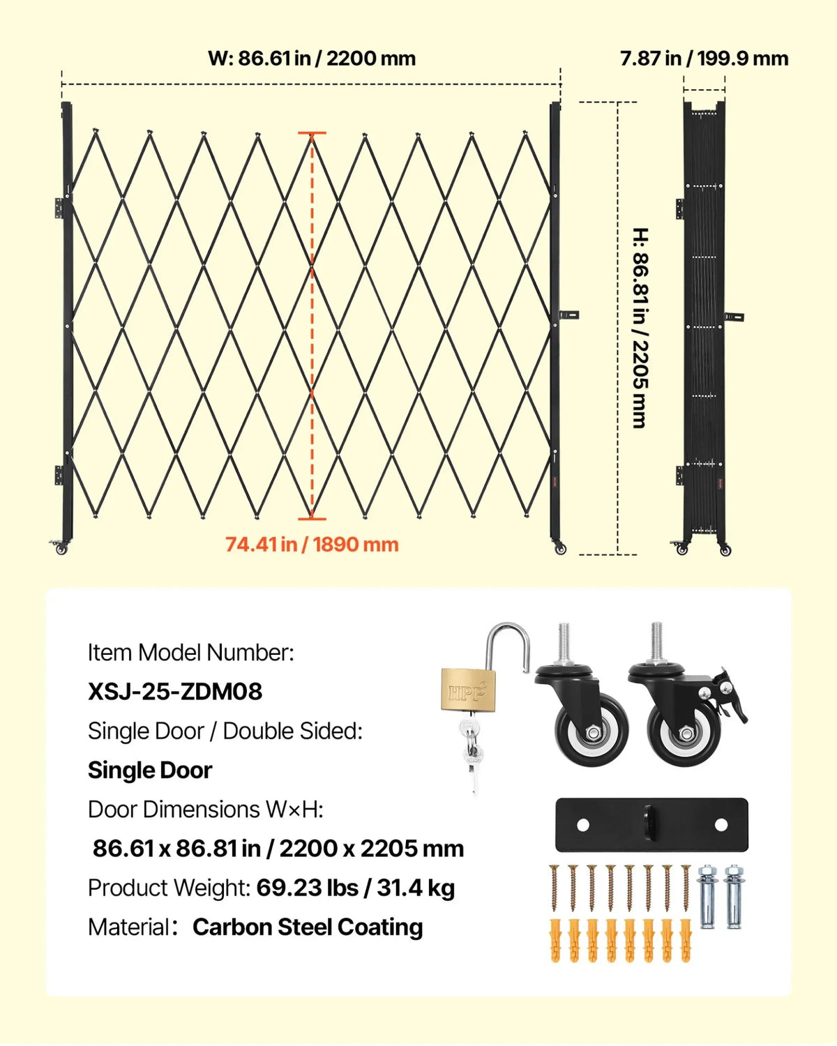 VEVOR Single Folding Security Gate, Lockable Scissor Gate with 360° Swivel Casters, Outdoor Barricade Steel Retractable Gates, for Entry Security, Garage, Warehouse & Pool, 86.61 x 86.81 in (W x H) - View 6