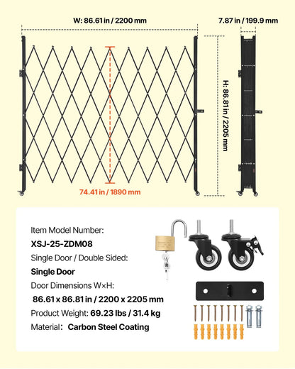 VEVOR Single Folding Security Gate, Lockable Scissor Gate with 360° Swivel Casters, Outdoor Barricade Steel Retractable Gates, for Entry Security, Garage, Warehouse & Pool, 86.61 x 86.81 in (W x H) - View 6