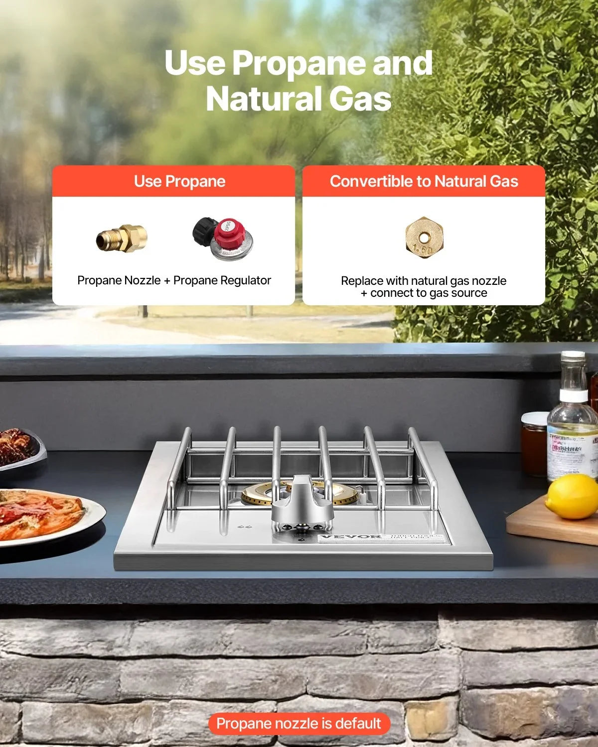 VEVOR Single Grilling Side Burner, 15,000BTU Liquid Propane Side Burner for Outdoor Kitchen, Convertible to Natural Gas, 304 Stainless Steel Built-in Single Grill Burners for BBQ Grill Island - View 2