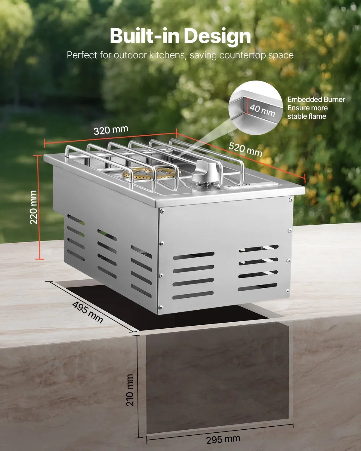 VEVOR Single Grilling Side Burner, 15,000BTU Liquid Propane Side Burner for Outdoor Kitchen, Convertible to Natural Gas, 304 Stainless Steel Built-in Single Grill Burners for BBQ Grill Island - View 4