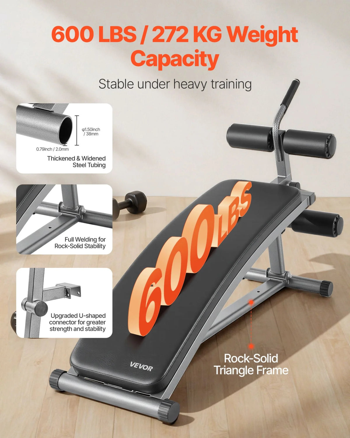 VEVOR Sit Up Bench Curved Ab Bench 6 Adjustable Height Reverse Crunch Handle - View 3