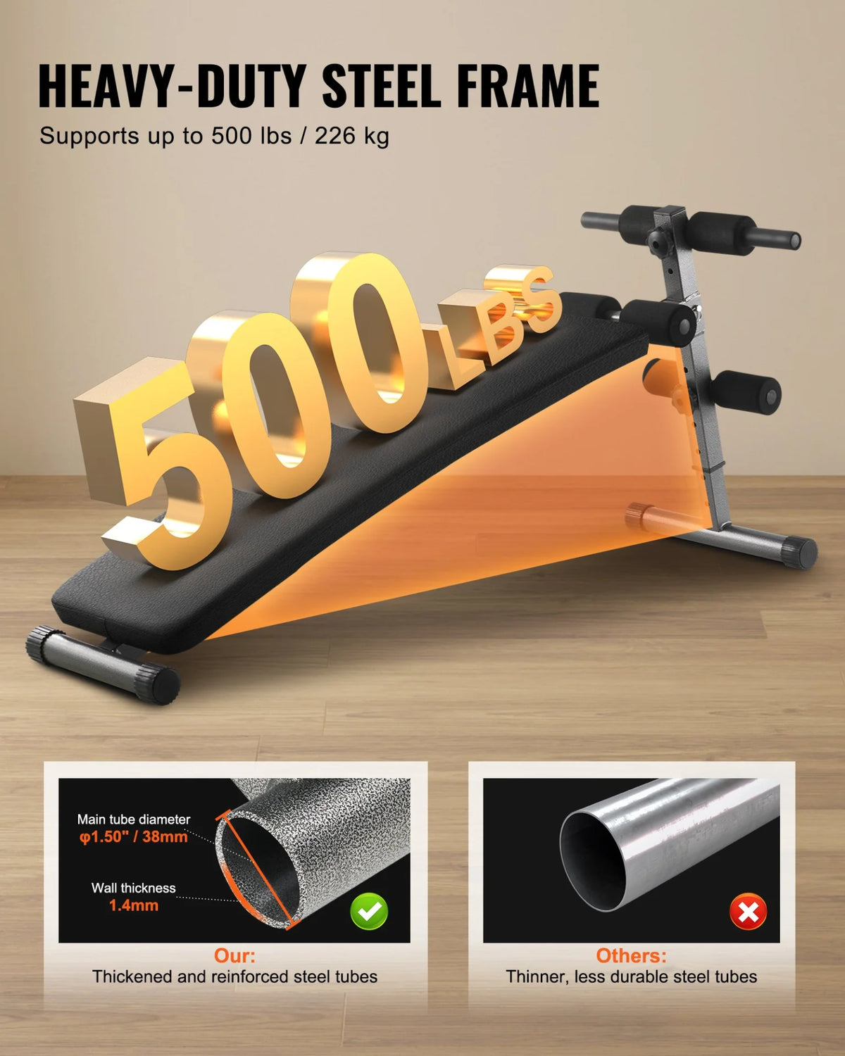 VEVOR Sit Up Bench Folding Curved Ab Bench 5 Adjustable Height 500 LBS Capacity - View 3