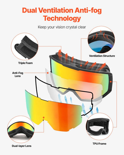 VEVOR Ski Goggles Cylindrical Lens with Orange Revo Coating Snow Goggles - View 4