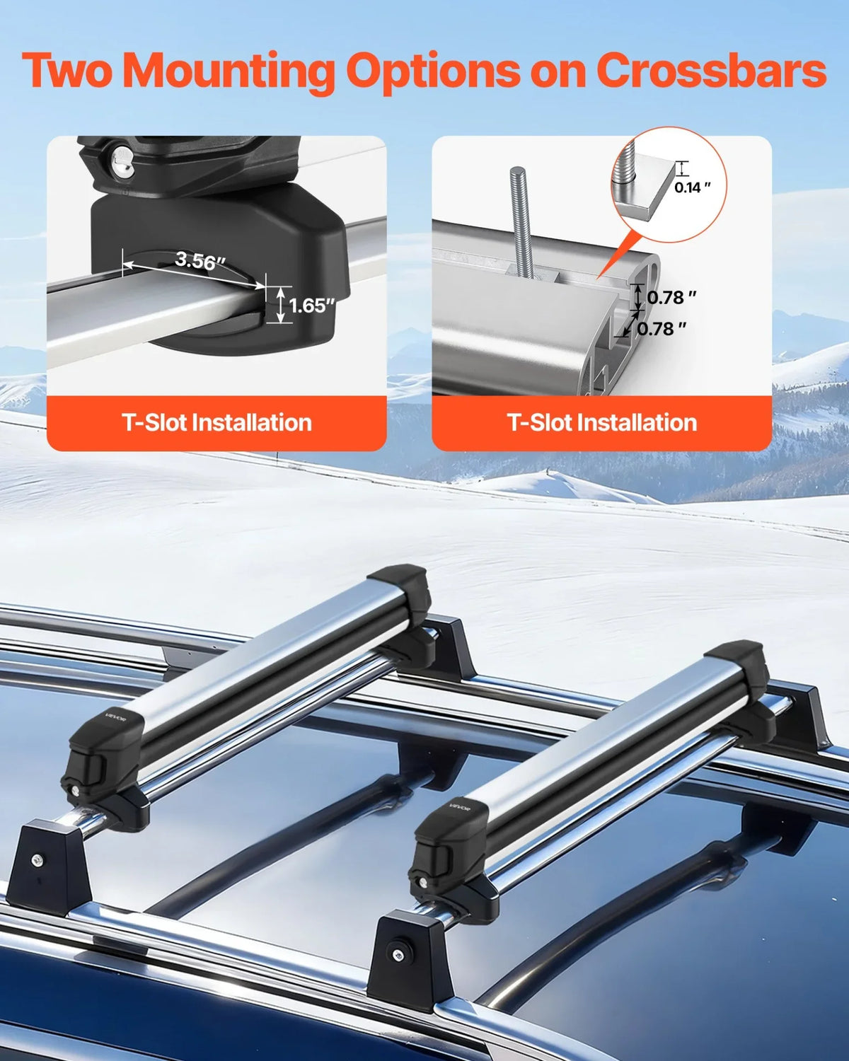 VEVOR Ski & Snowboard Roof Rack, Carry up to 6 Pairs of Skis or 4 Snowboards, 2 PCS Aluminum Universal Car Roof Rack Top Holder with Lock and Rubber Padding for Fishing Pole Rod, Fit Most Crossbars - View 2