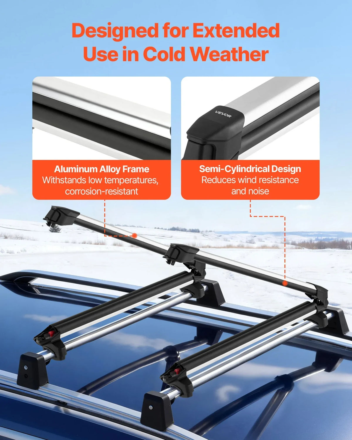 VEVOR Ski & Snowboard Roof Rack, Carry up to 6 Pairs of Skis or 4 Snowboards, 2 PCS Aluminum Universal Car Roof Rack Top Holder with Lock and Rubber Padding for Fishing Pole Rod, Fit Most Crossbars - View 5