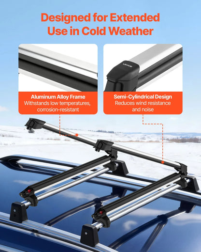 VEVOR Ski & Snowboard Roof Rack, Carry up to 6 Pairs of Skis or 4 Snowboards, 2 PCS Aluminum Universal Car Roof Rack Top Holder with Lock and Rubber Padding for Fishing Pole Rod, Fit Most Crossbars - View 5