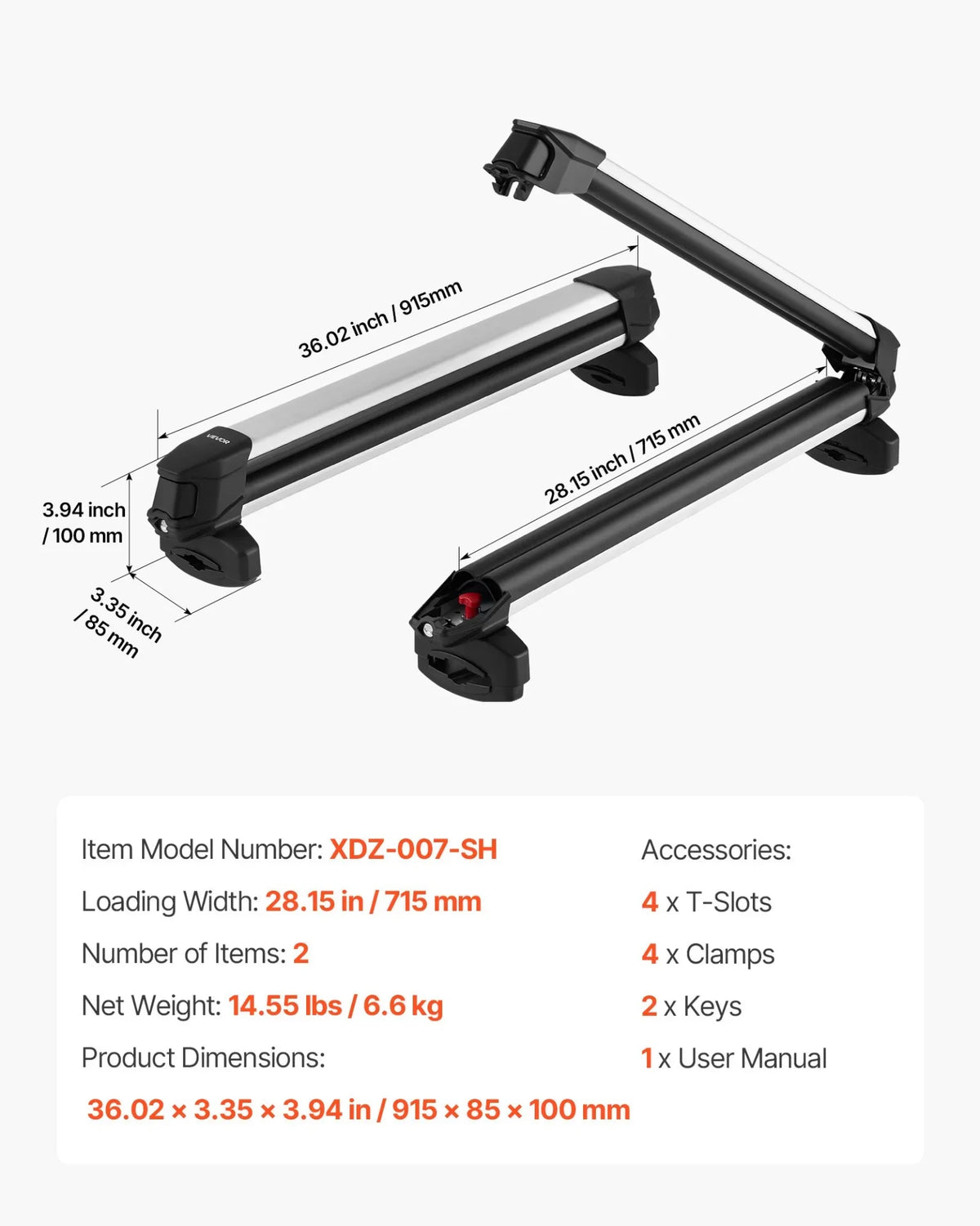 VEVOR Ski & Snowboard Roof Rack, Carry up to 6 Pairs of Skis or 4 Snowboards, 2 PCS Aluminum Universal Car Roof Rack Top Holder with Lock and Rubber Padding for Fishing Pole Rod, Fit Most Crossbars - View 6