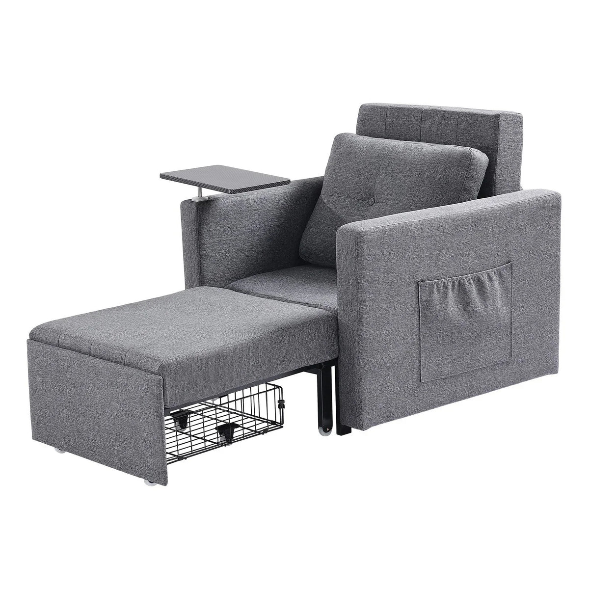 VEVOR Sleeper Sofa Bed, Convertible Sleeper Bed with Side Pocket, Pillow, Armrest and Desk Board, 5 Adjustable Angles Backrest, Single Pull Out Sofa Couch with 2 Wheels and Bottom Storage, Gray - View 10