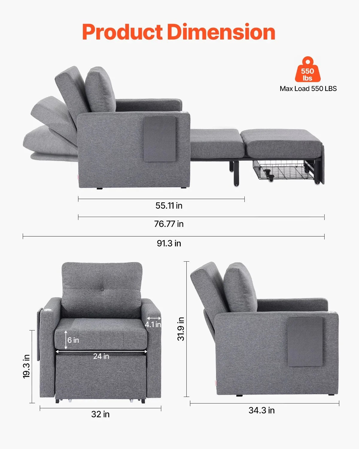 VEVOR Sleeper Sofa Bed, Convertible Sleeper Bed with Side Pocket, Pillow, Armrest and Desk Board, 5 Adjustable Angles Backrest, Single Pull Out Sofa Couch with 2 Wheels and Bottom Storage, Gray - View 2