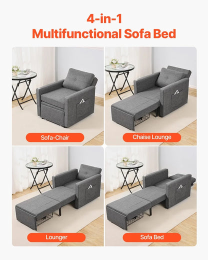 VEVOR Sleeper Sofa Bed, Convertible Sleeper Bed with Side Pocket, Pillow, Armrest and Desk Board, 5 Adjustable Angles Backrest, Single Pull Out Sofa Couch with 2 Wheels and Bottom Storage, Gray - View 3