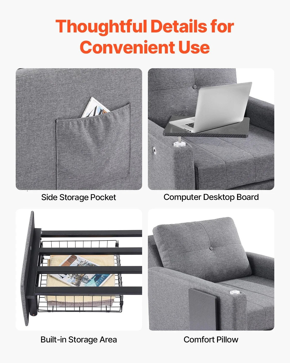 VEVOR Sleeper Sofa Bed, Convertible Sleeper Bed with Side Pocket, Pillow, Armrest and Desk Board, 5 Adjustable Angles Backrest, Single Pull Out Sofa Couch with 2 Wheels and Bottom Storage, Gray - View 7