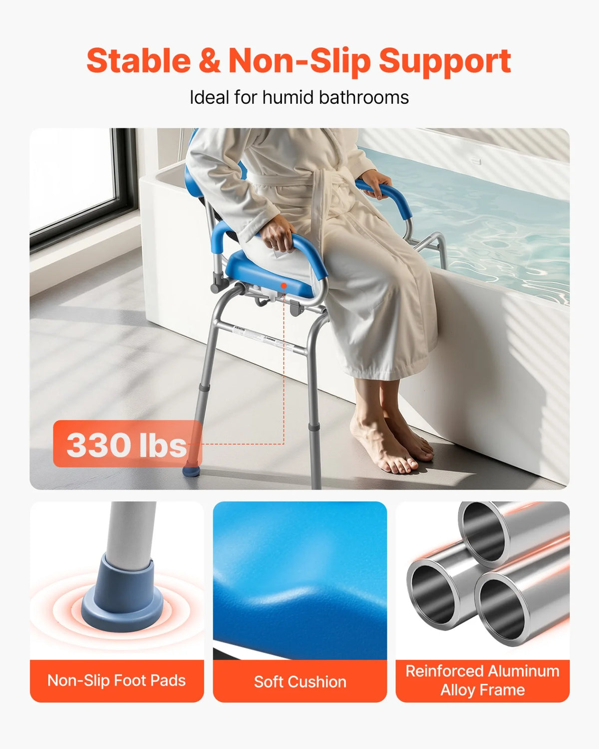 VEVOR Sliding Shower Chair, 330 lbs Tub Transfer Bench for Bathtub with Swivel Seat, Padded Shower Bench with Pivoting Arms and Backrest, Height Adjustable for Handicap, Seniors, Elderly and Disabled - View 5