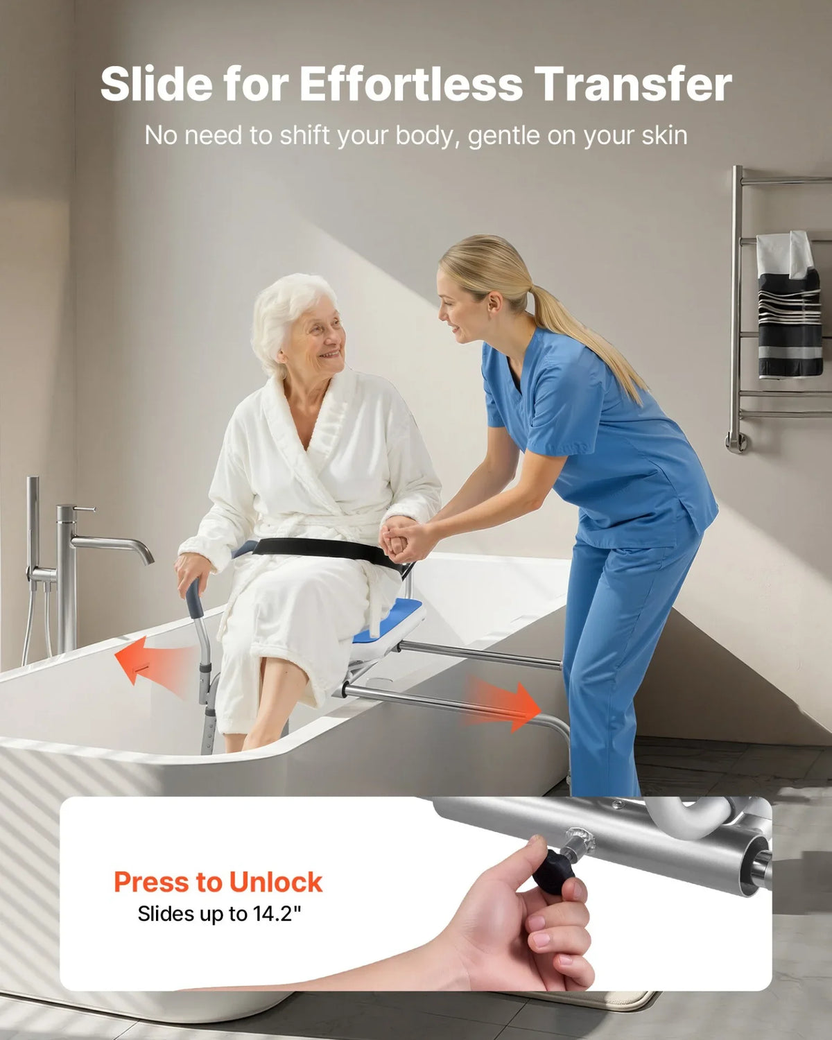 VEVOR Sliding Shower Chair, 400 lbs Tub Transfer Bench for Bathtub with Swivel Seat, Padded Shower Bench with Arms and Backrest, Height Adjustable for Handicap, Adults, Seniors, Elderly and Disabled