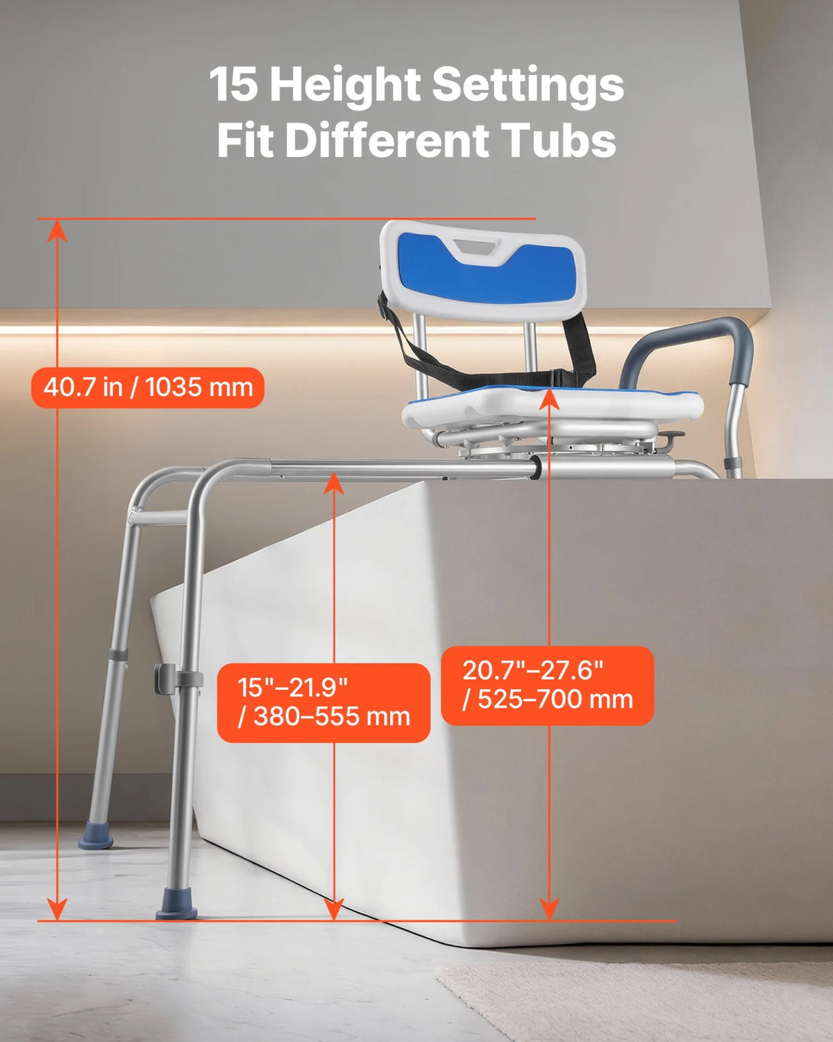 VEVOR Sliding Shower Chair, 400 lbs Tub Transfer Bench for Bathtub with Swivel Seat, Padded Shower Bench with Arms and Backrest, Height Adjustable for Handicap, Adults, Seniors, Elderly and Disabled - View 3