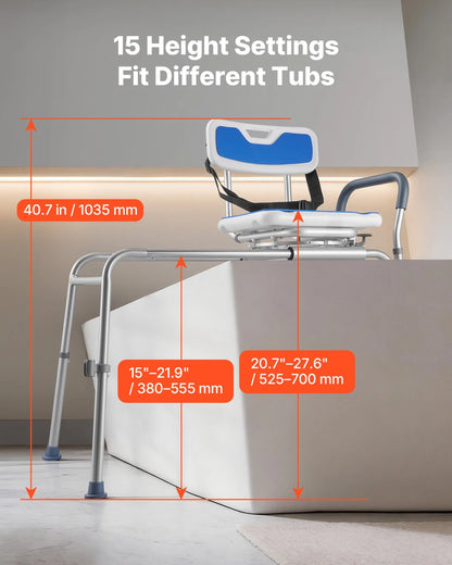 VEVOR Sliding Shower Chair, 400 lbs Tub Transfer Bench for Bathtub with Swivel Seat, Padded Shower Bench with Arms and Backrest, Height Adjustable for Handicap, Adults, Seniors, Elderly and Disabled - View 3