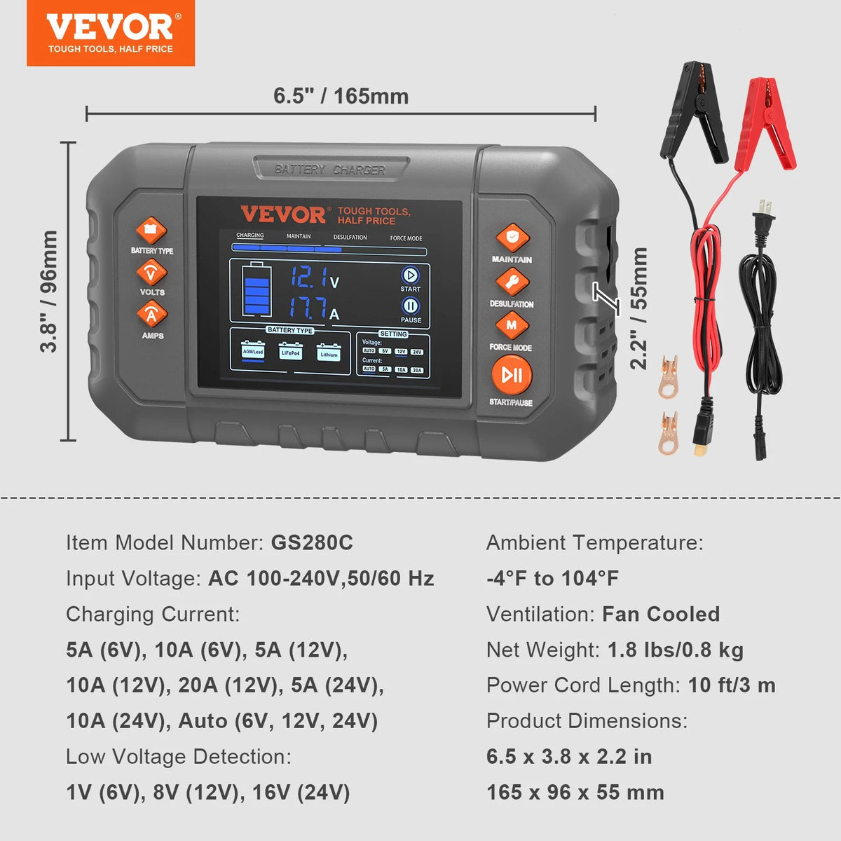 VEVOR Smart Battery Charger, 20-Amp, Lithium LiFePO4 Lead-Acid (AGM / Gel / SLA) Car Battery Charger with LCD Display, Trickle Charger Maintainer Desulfator for Boat Motorcycle Lawn Mower Deep Cycle - View 6