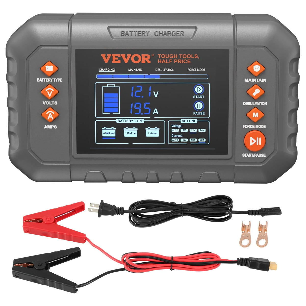 VEVOR Smart Battery Charger, 20-Amp, Lithium LiFePO4 Lead-Acid (AGM / Gel / SLA) Car Battery Charger with LCD Display, Trickle Charger Maintainer Desulfator for Boat Motorcycle Lawn Mower Deep Cycle - View 8