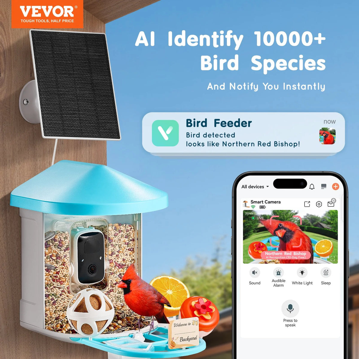 VEVOR Smart Bird Feeder with Camera, 2K HD AI Identify 10,000+ Bird Species, Solar-Powered Bird Watching Camera with Auto Capture & Instant Notify, Wireless Outdoor Ideal Gift for Bird Lovers (Green)