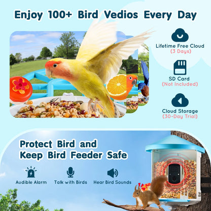 VEVOR Smart Bird Feeder with Camera, 2K HD AI Identify 10,000+ Bird Species, Solar-Powered Bird Watching Camera with Auto Capture & Instant Notify, Wireless Outdoor Ideal Gift for Bird Lovers (Green) - View 2