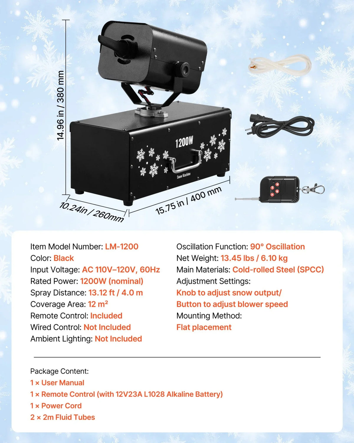 VEVOR Snow Machine, 1200W 90° Shaking Head Snow Maker with Wireless Remote Control, High Output Snowmaking Machine Coverage up to 12 ㎡ for Christmas Wedding Parties Stage Snowflake Effect - View 11
