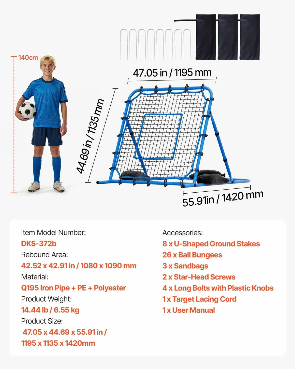 VEVOR Soccer Rebounder Net, Quick-Switch Angle Soccer Goal Rebounder for Control, Passing Practice, Heavy-Duty Iron Frame & PE Net, Easy Setup Ball Training Equipment for Teens&Adults,3.7 x 3.7 ft - View 6
