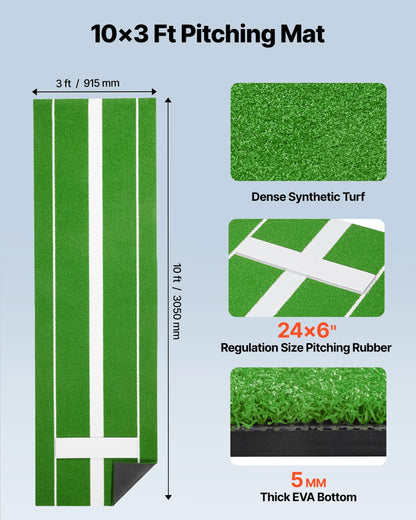 VEVOR Softball Pitching Mat, 10' x 3' Softball Pitching Mound, Antislip Antifade Rubber Softball Pitching Training Aid, Pitch Practice Mat for Pitchers Indoor Outdoor Pitching Practice, Green - View 12