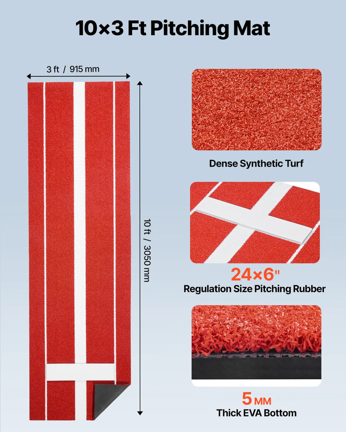 VEVOR Softball Pitching Mat, 10x3 ft Baseball Pitching Rubber Mound, Antifade Turf and Antislip Foam Backing Portable Training Aid, Fastpitch Equipment for Pitchers Indoor Outdoor Practice, Red - View 3