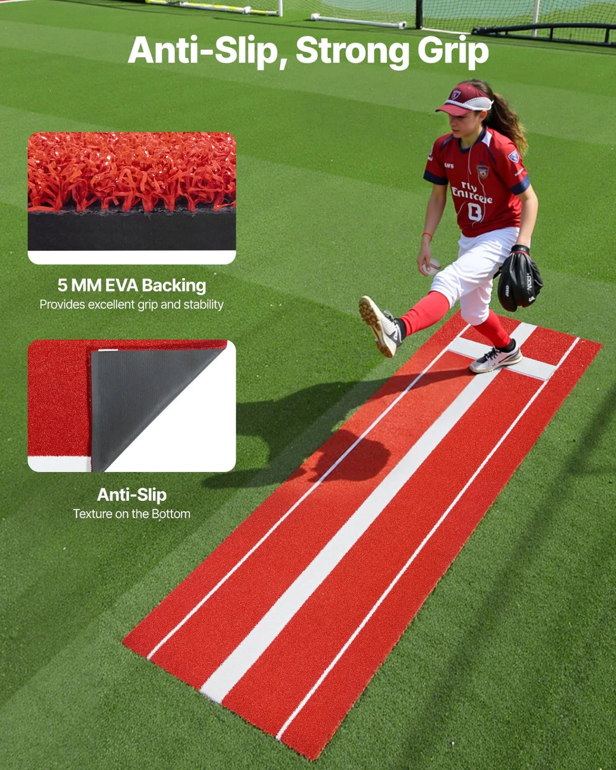 VEVOR Softball Pitching Mat, 10x3 ft Baseball Pitching Rubber Mound, Antifade Turf and Antislip Foam Backing Portable Training Aid, Fastpitch Equipment for Pitchers Indoor Outdoor Practice, Red - View 5