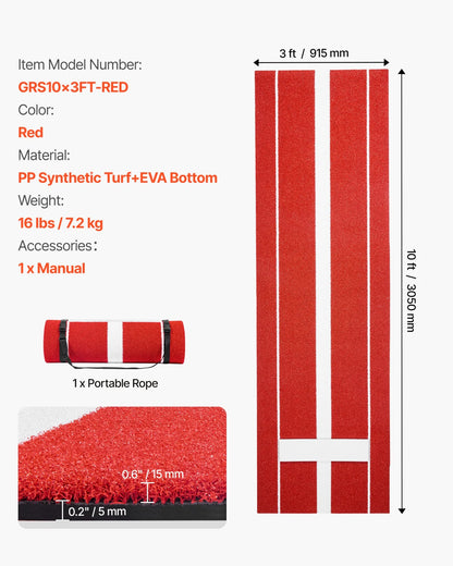 VEVOR Softball Pitching Mat, 10x3 ft Baseball Pitching Rubber Mound, Antifade Turf and Antislip Foam Backing Portable Training Aid, Fastpitch Equipment for Pitchers Indoor Outdoor Practice, Red - View 8