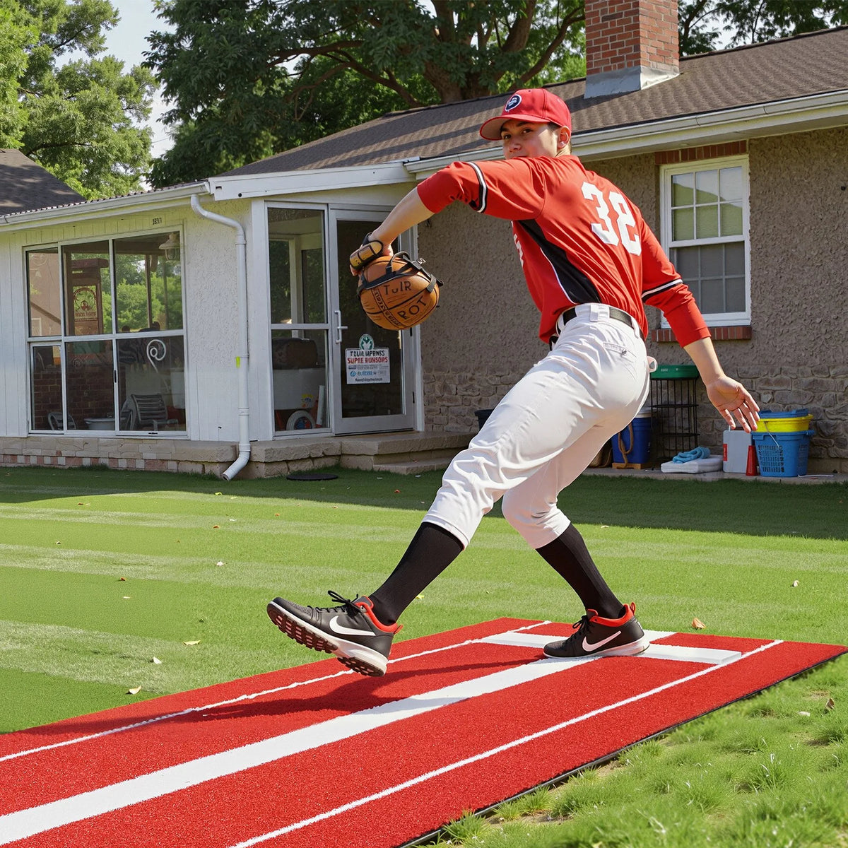 VEVOR Softball Pitching Mat, 10x3 ft Baseball Pitching Rubber Mound, Antifade Turf and Antislip Foam Backing Portable Training Aid, Fastpitch Equipment for Pitchers Indoor Outdoor Practice, Red - View 9