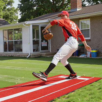 VEVOR Softball Pitching Mat, 10x3 ft Baseball Pitching Rubber Mound, Antifade Turf and Antislip Foam Backing Portable Training Aid, Fastpitch Equipment for Pitchers Indoor Outdoor Practice, Red - View 9