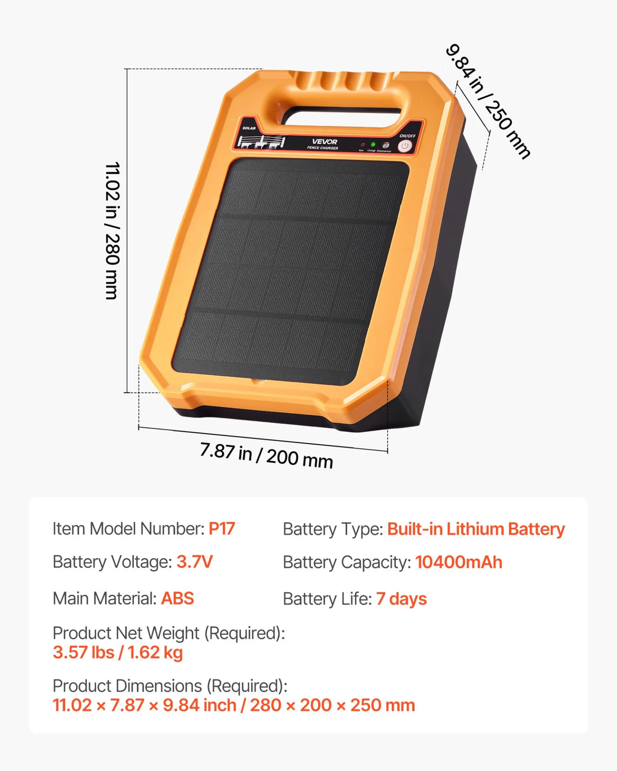VEVOR Solar Fence Charger,  0.3J 8 kV Solar Powered Fence Charger, 1.86 Miles Range, Weather-Resistant Electric Fence Energizer Kit, 7 Days Runtime, for Livestock, Poultry, Garden Protection - View 6