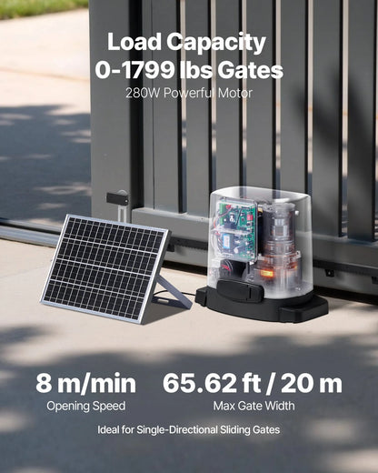 VEVOR Solar Sliding Gate Opener, 280W Electric Gate Opener for Doors up to 65.6ft 1799lbs, Gear Track Rolling Fence Door Motor with Infrared Sensor & 2 Remote Controls, Driveway Gates Opening System