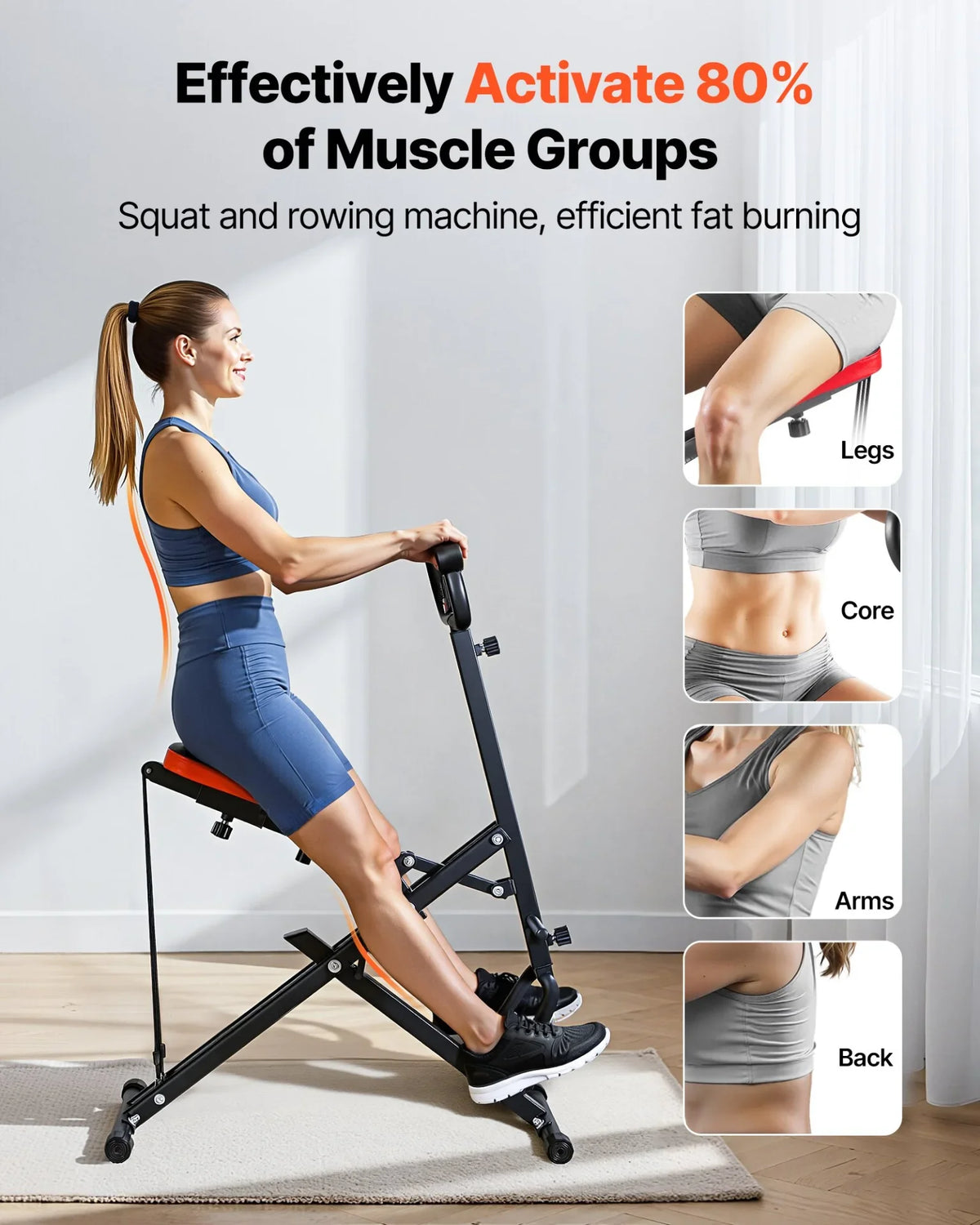 VEVOR Squat Machine, Deep Squat Rowing Machine for Home, Easy Setup & Foldable Exercise Equipment, Glute Trainer Machine with 2 High-Strength Resistance Bands, Glutes & Leg Home Workout Machine, Black - View 2