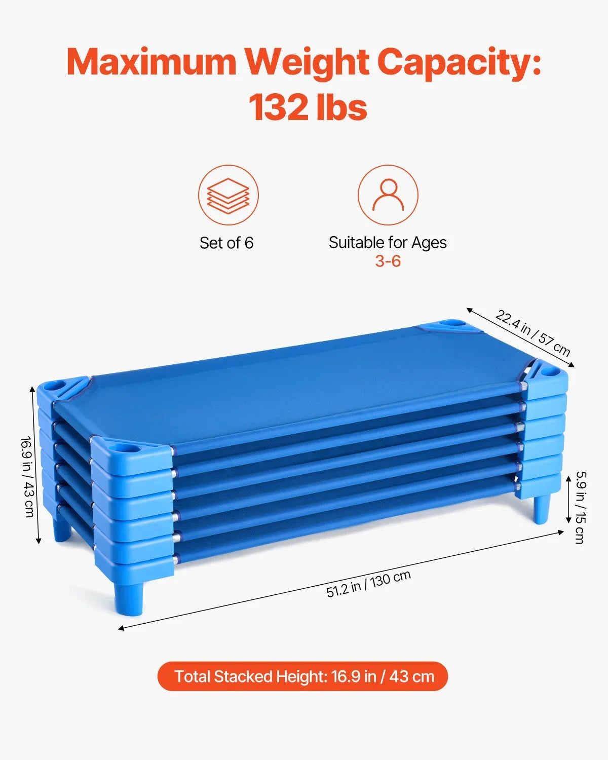 VEVOR Stackable Kiddie Cot, Pack of 6,  Portable Toddler Nap Cots, Standard Size 52" L x 23" W Daycare Cots for Kids, Preschool Classroom Daycare Beds for Sleeping, Resting, Naptime, Blue