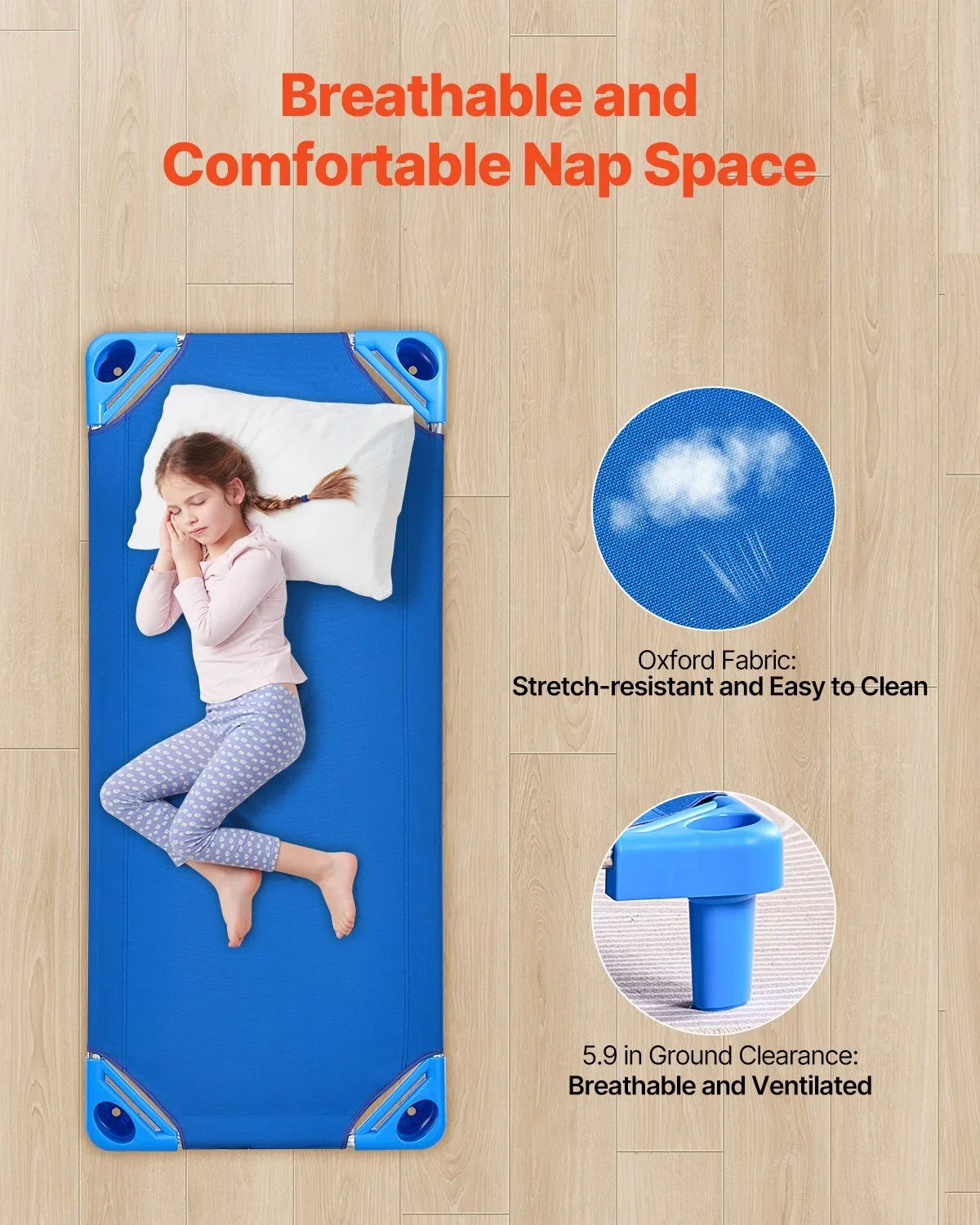 VEVOR Stackable Kiddie Cot, Pack of 6,  Portable Toddler Nap Cots, Standard Size 52" L x 23" W Daycare Cots for Kids, Preschool Classroom Daycare Beds for Sleeping, Resting, Naptime, Blue - View 3
