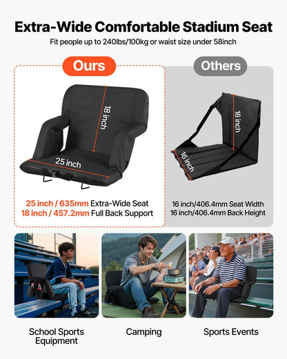 VEVOR Stadium Seat, 6 Adjustable Angle Bleacher Chair, 2.75'' Cushion Stadium Seat with Back Support and Armrest, Wide Bleacher Chair with Hook Pocket Cupholder for Picnics, Beach Sports, and Gaming - View 3