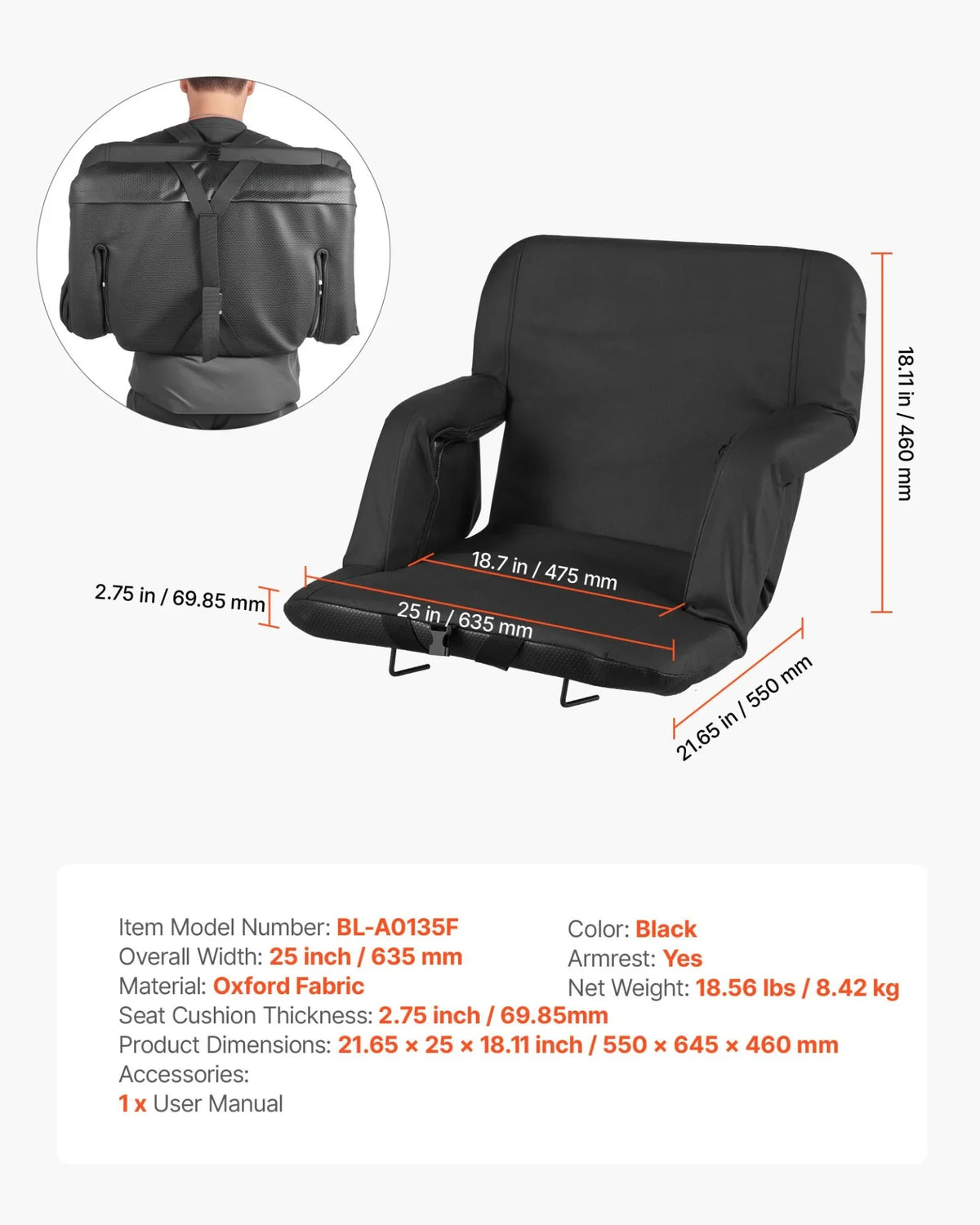 VEVOR Stadium Seat, 6 Adjustable Angle Bleacher Chair, 2.75'' Cushion Stadium Seat with Back Support and Armrest, Wide Bleacher Chair with Hook Pocket Cupholder for Picnics, Beach Sports, and Gaming - View 7