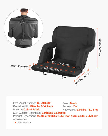 VEVOR Stadium Seat, 6 Adjustable Angle Bleacher Chair, 2.9'' Cushion Stadium Seat with Back Support and Armrest, Wide Bleacher Chair with Hook Pocket Cupholder for Picnics, Beach Sports, and Gaming - View 6